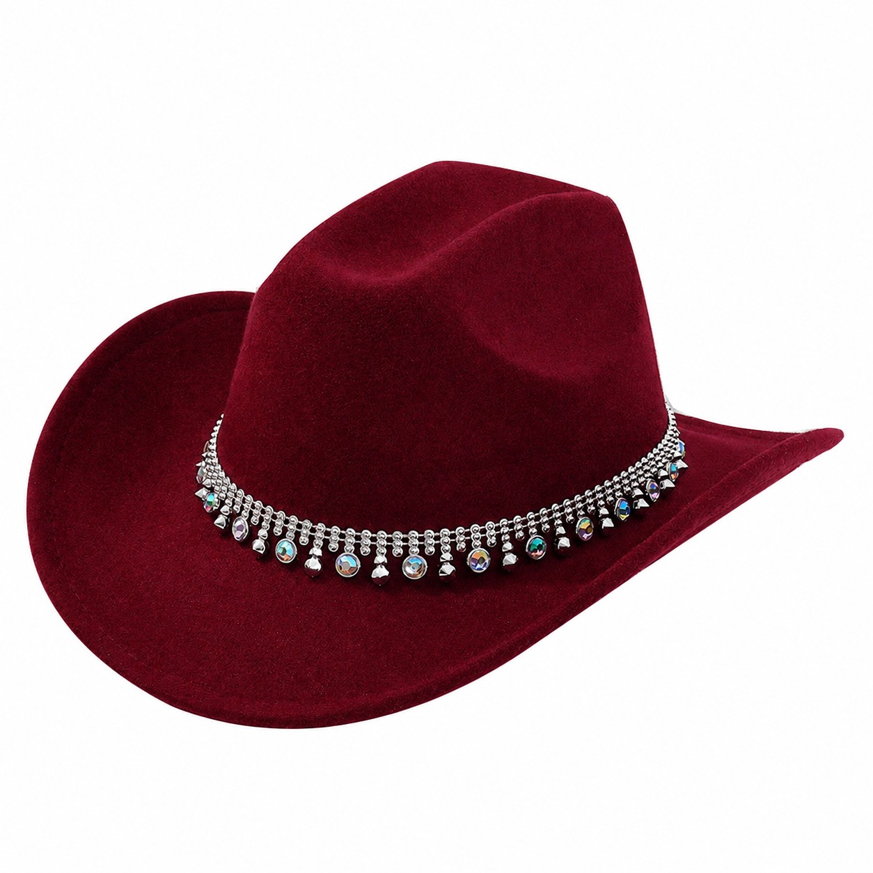 Jeweled Band Polyester Cowboy Hat — Wine Red