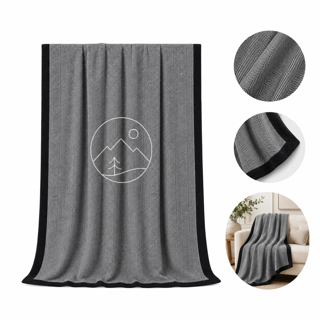 Herringbone Knit Acrylic Throw With Dark Border