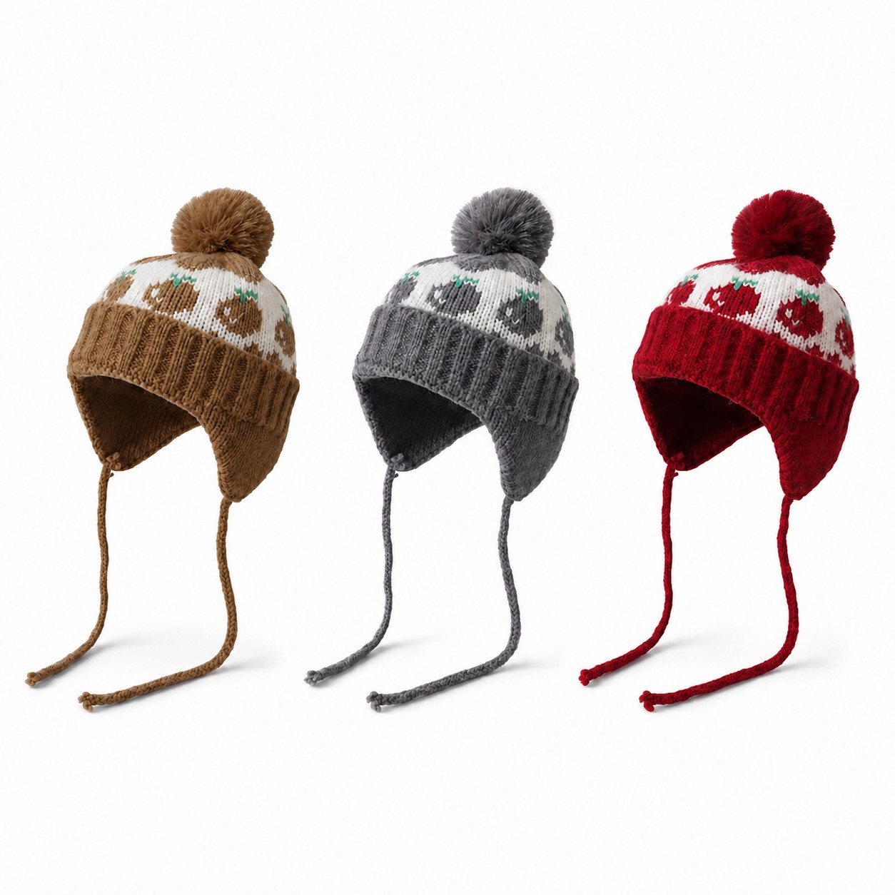 Acrylic Cherry Earflap Pom Beanie