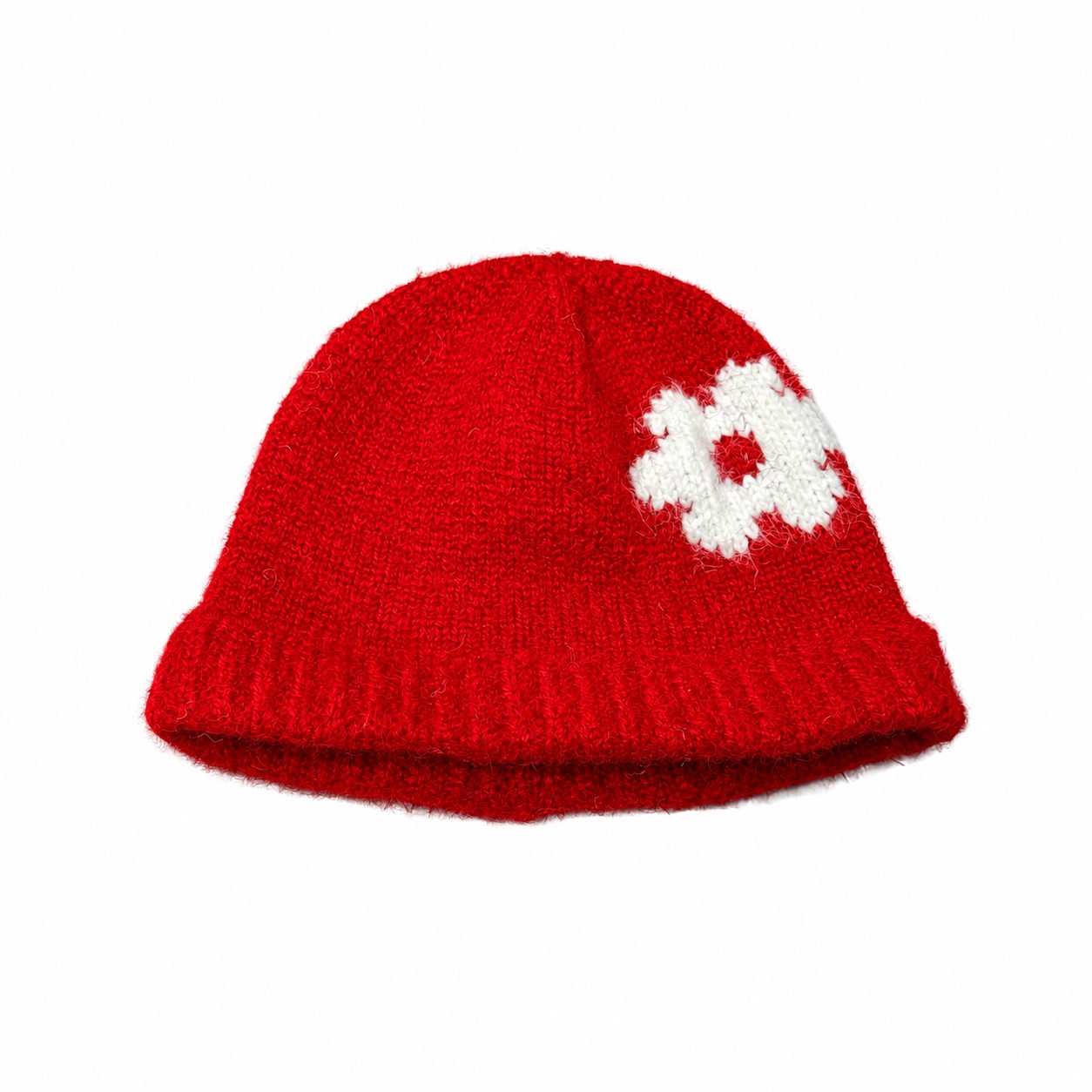 Wool Blend Flower Patch Beanie — Red