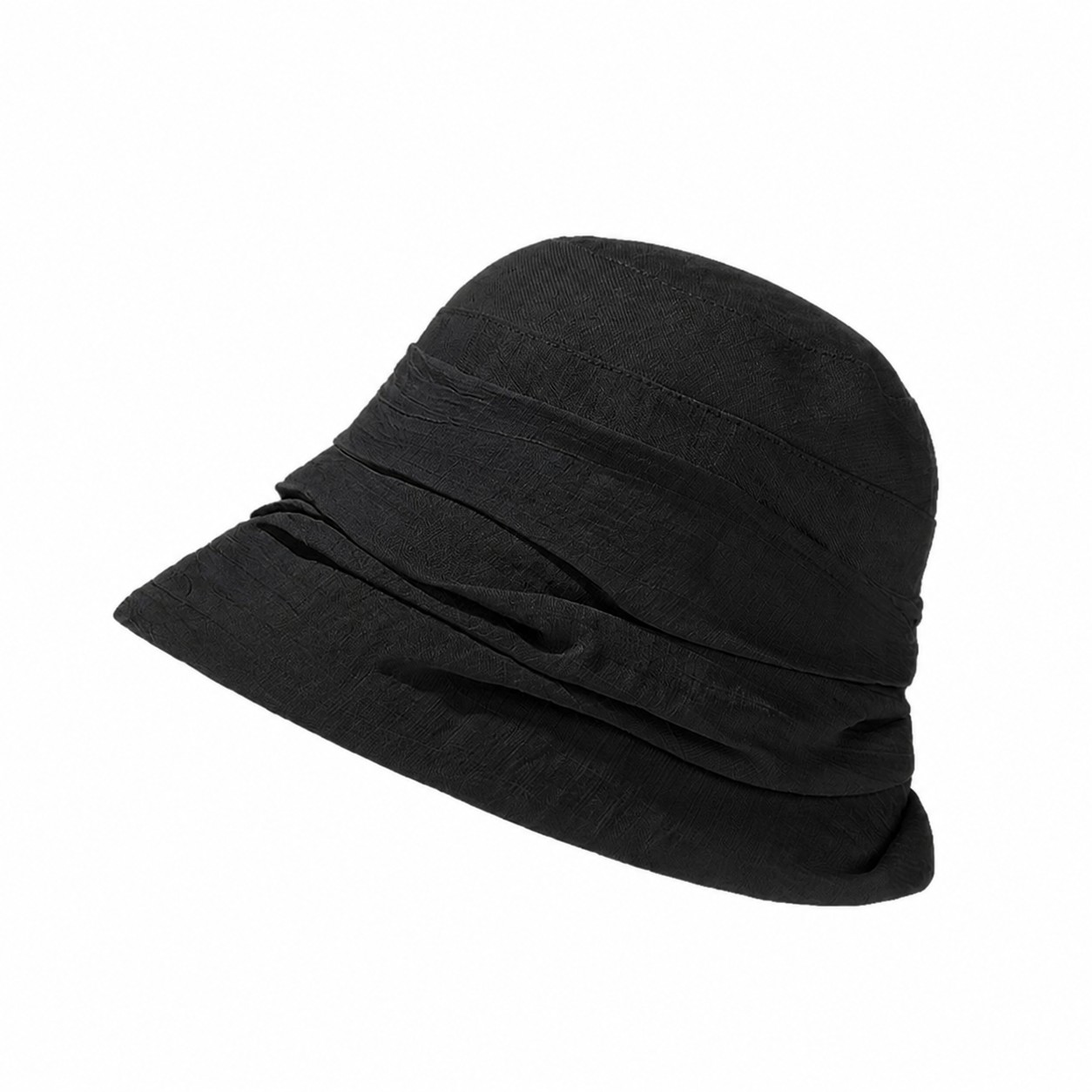 Pleated Polyester Cotton Bucket Hat — Black