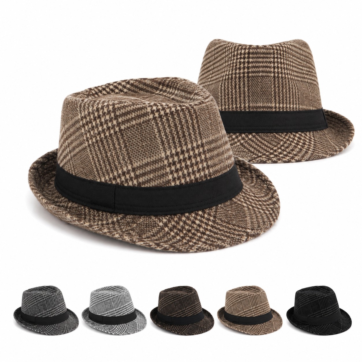 Polyester Plaid Fedora With Ribbon Band