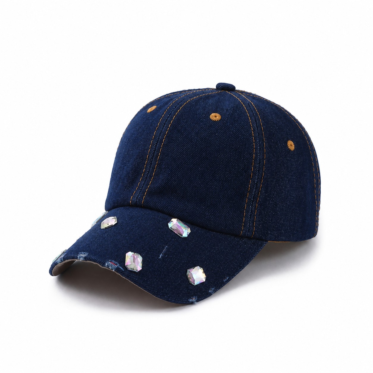 Jeweled Polyester Denim Look Baseball Cap — Dark Blue