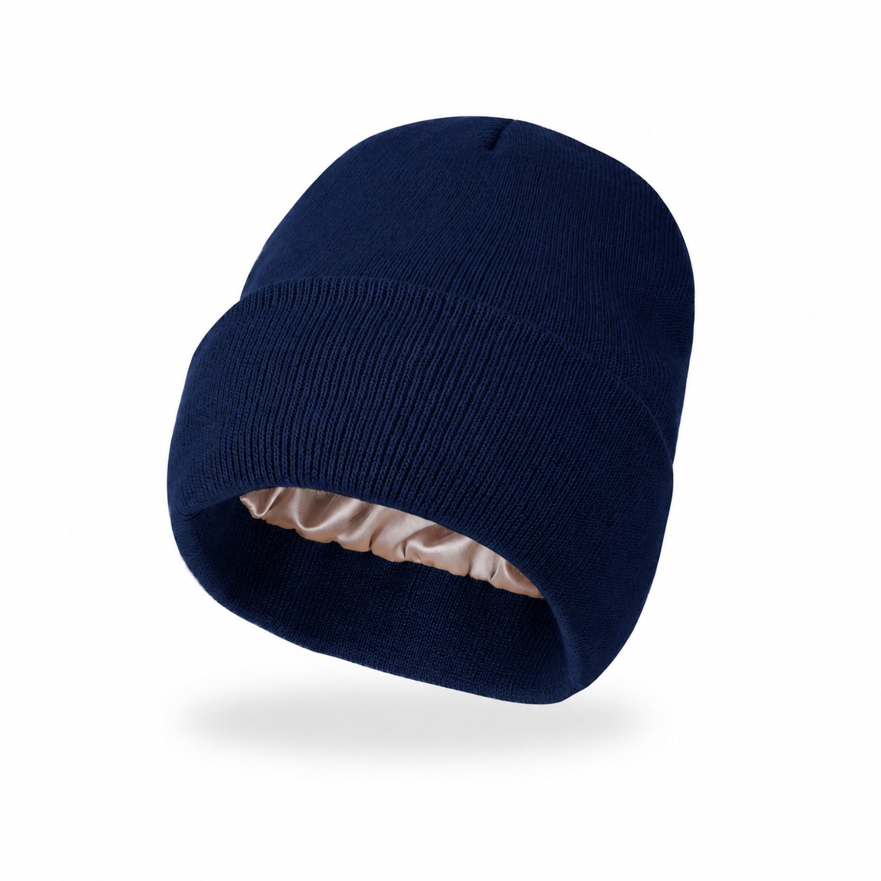 8.66-Inch Satin-Lined Acrylic Knit Beanie — Navy Blue