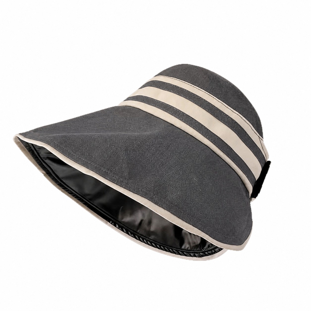 Striped Polyester Wide Brim Sun Hat — Dark Gray