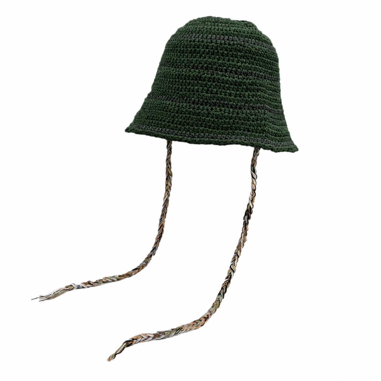 Striped Knit Bucket Hat With Tassel Ties — Dark Green