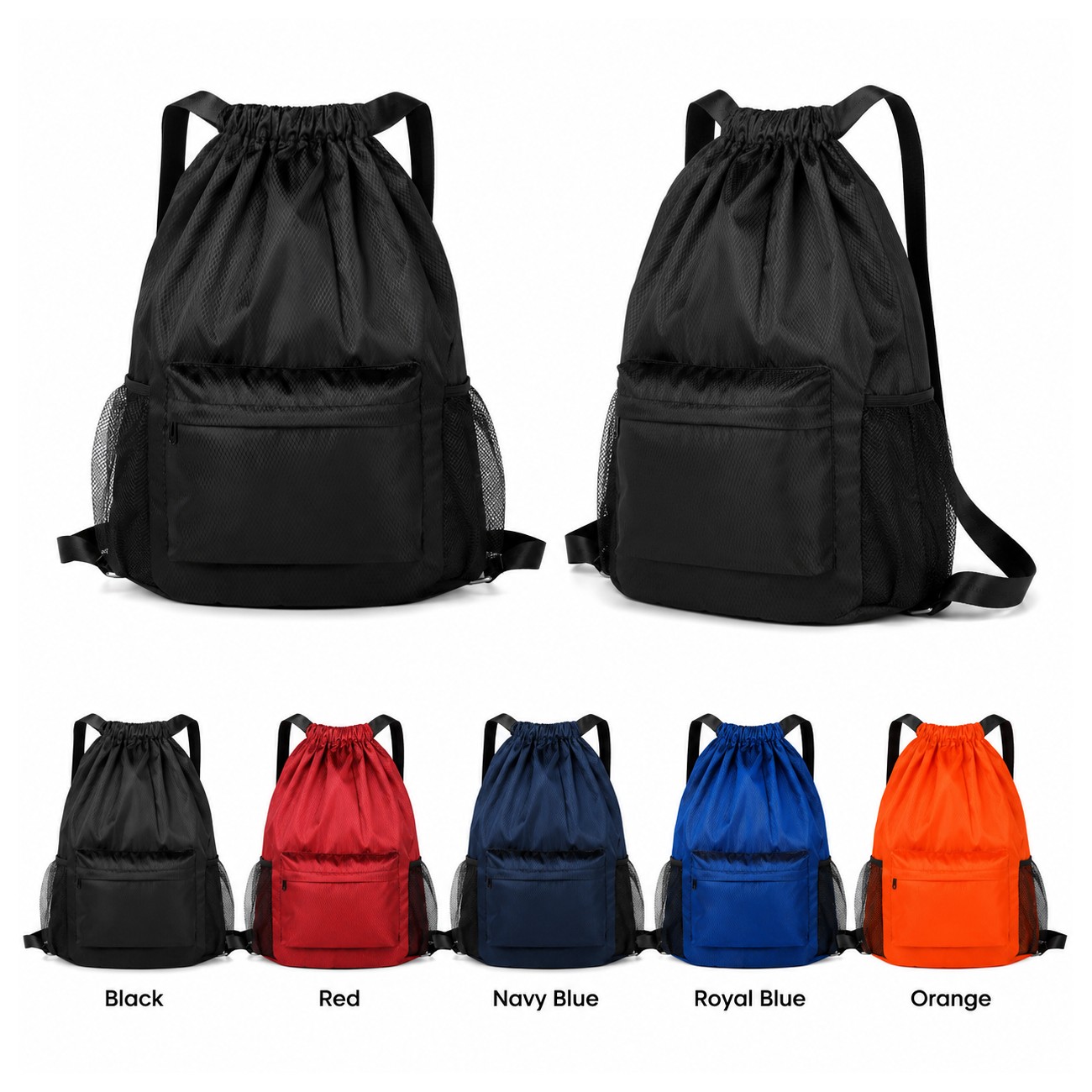 Zippered Storage Black Drawstring Bag