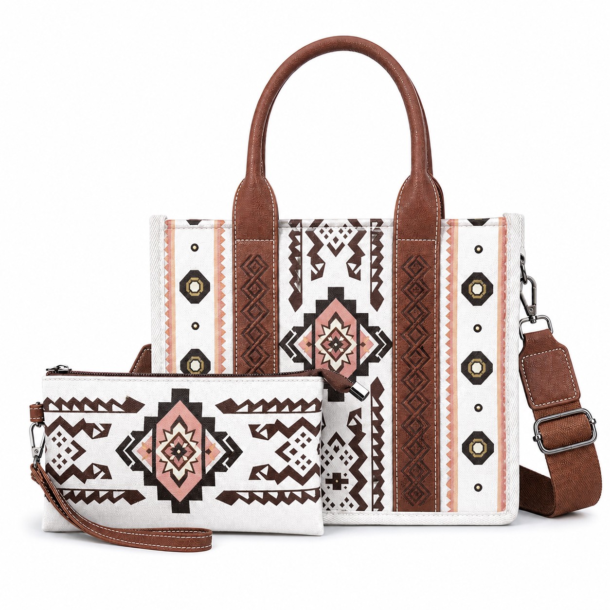 Canvas Western Tote Bag Set — White