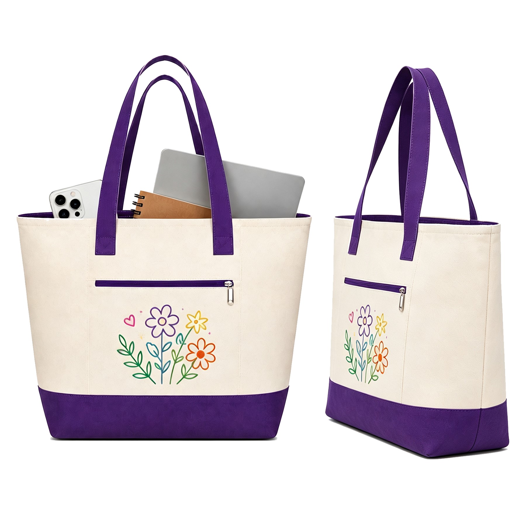 12 Oz Cotton Canvas Two Tone Zipper Tote