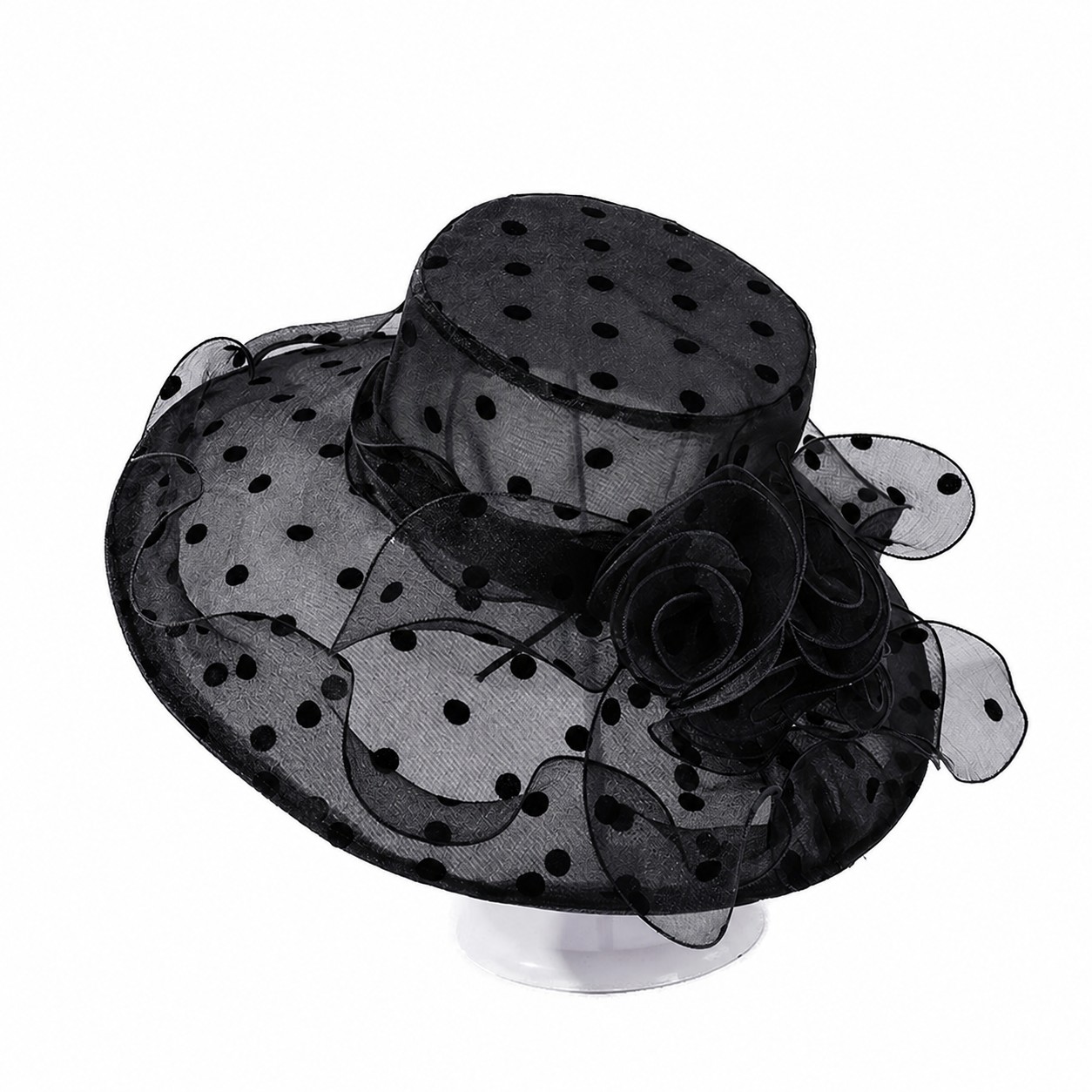 Organza Polka Dot Flower Hat — Black