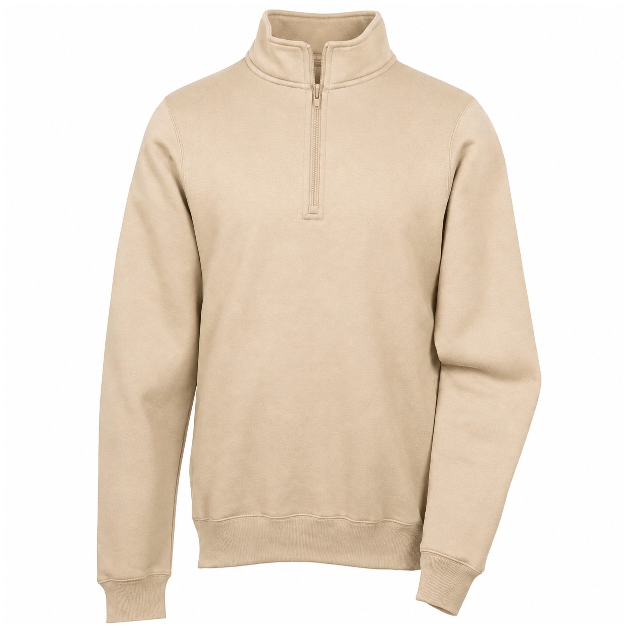 Cotton Polyester Quarter Zip Fleece Pullover — Beige