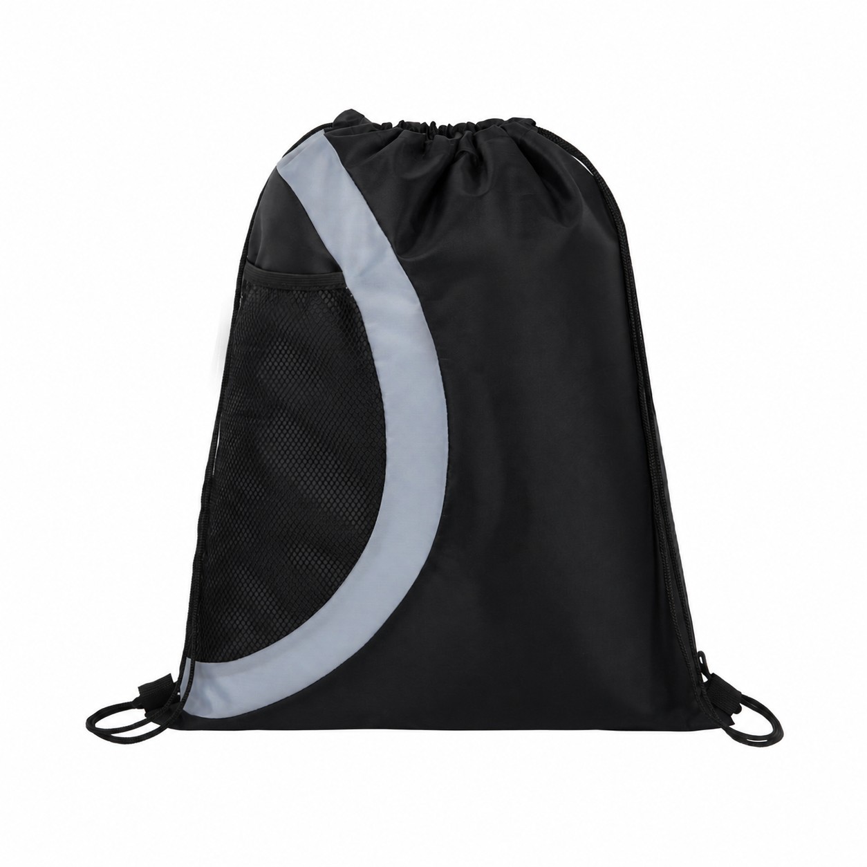 Mesh Pocket 210D Polyester Drawstring Bag — Black