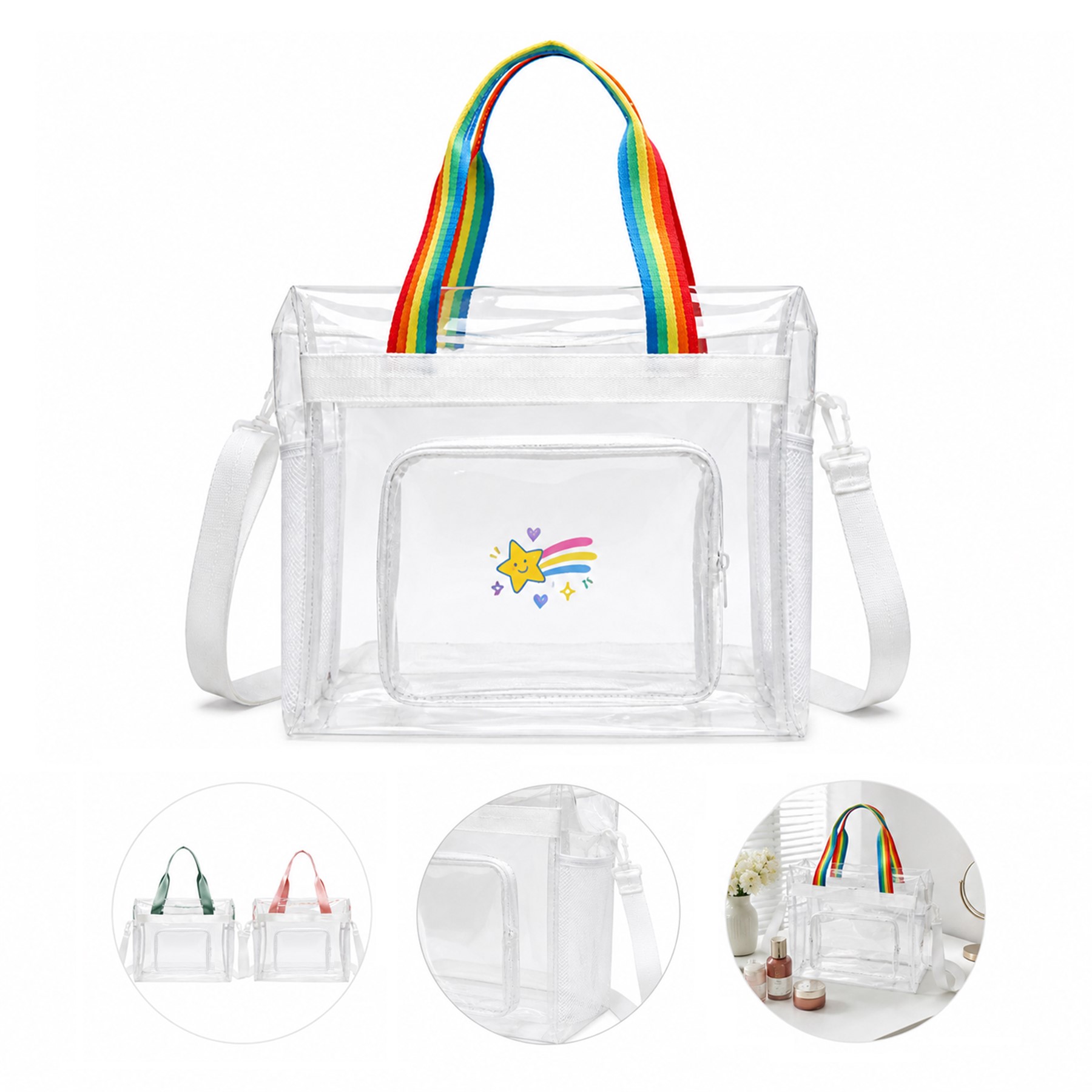 Clear Polyester Crossbody Tote With Rainbow Handles