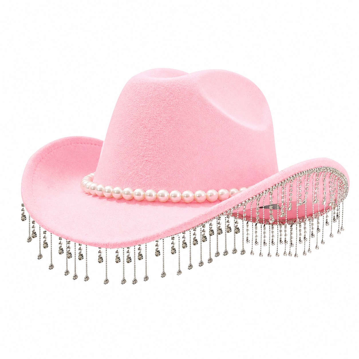 Pearl Fringe Polyester Fedora Hat — Baby Pink