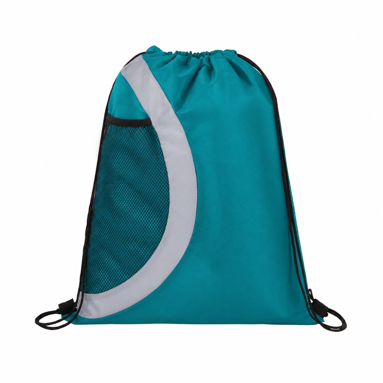 Mesh Pocket 210D Polyester Drawstring Bag — Teal Blue