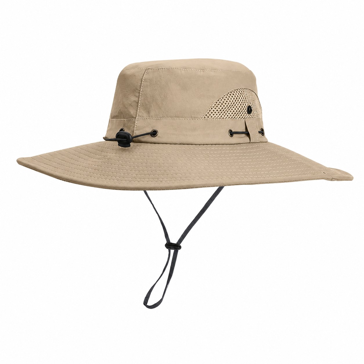 Nylon Drawstring Safari Sun Hat — Khaki Beige
