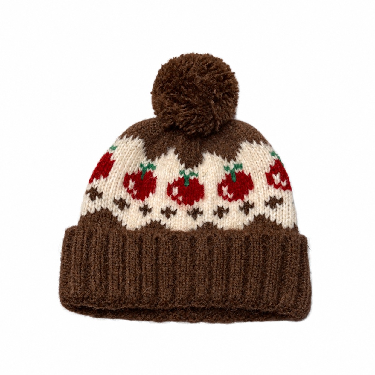 Cherry Pattern Wool Blend Beanie — Coffee Brown