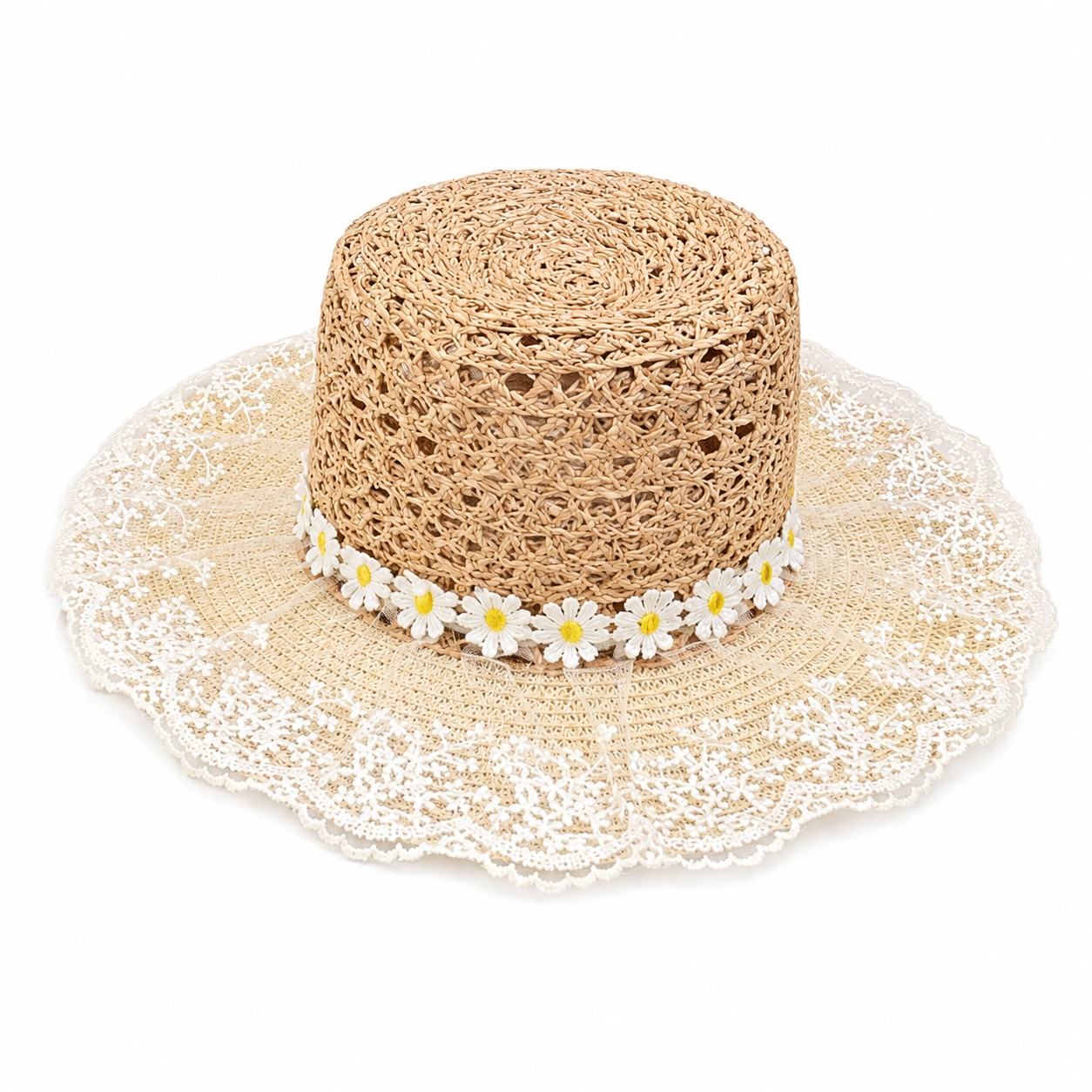 Straw Daisy Lace Wide Brim Sun Hat