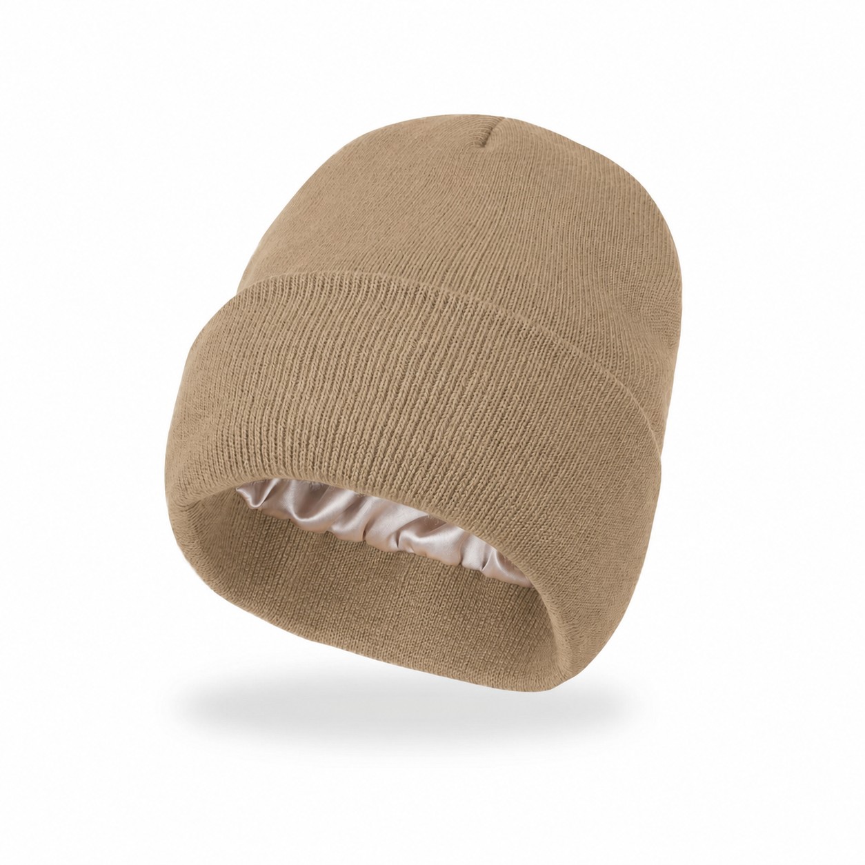 8.66-Inch Satin-Lined Acrylic Knit Beanie — Khaki Beige