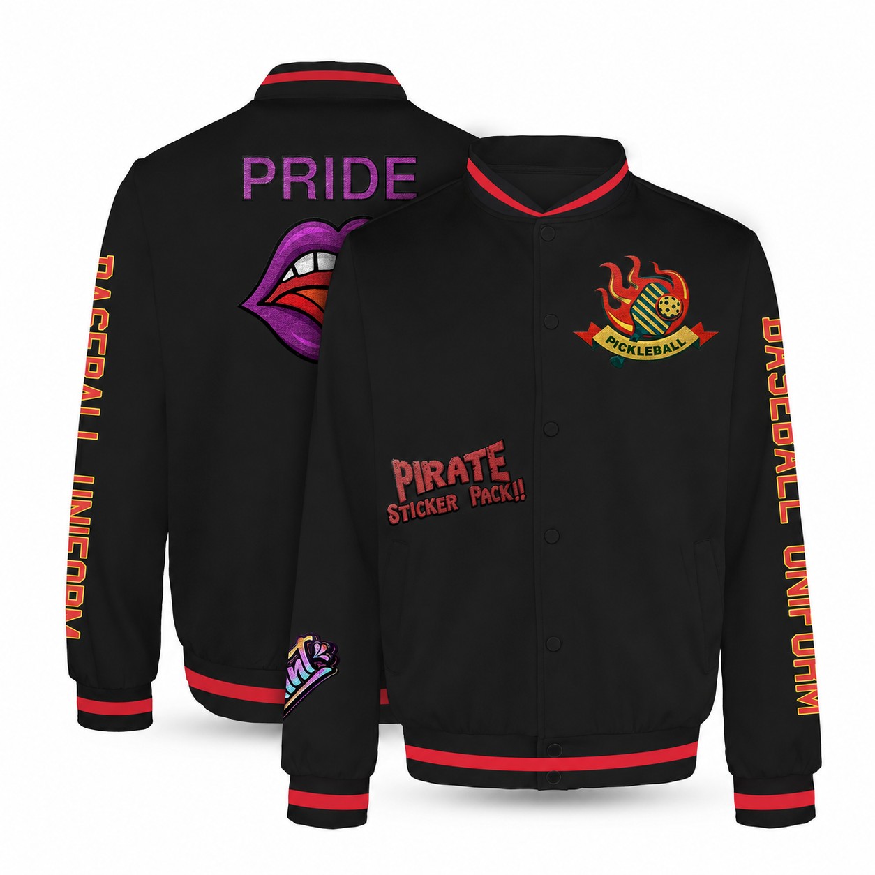 Button-Front Polyester-Spandex Varsity Jacket — Black