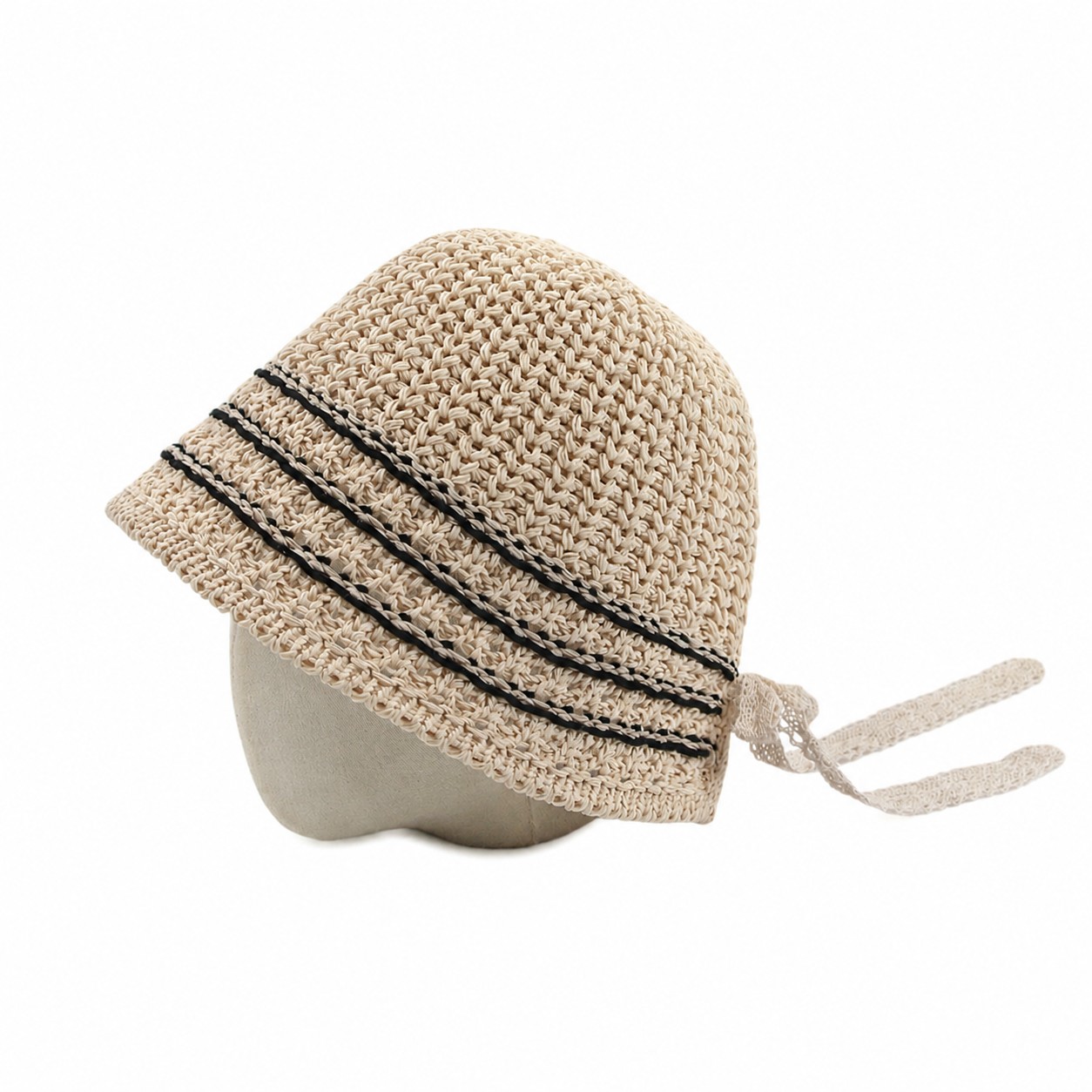 Ribbon Tie Straw Bucket Hat — Beige/Black