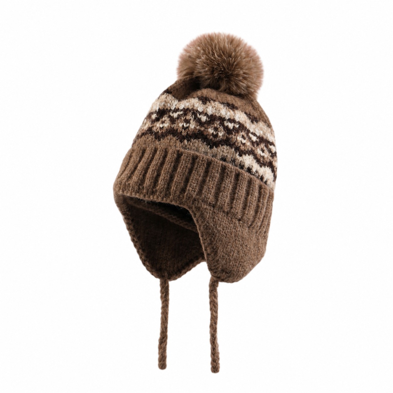 Polyester Earflap Pom Beanie — Coffee Brown