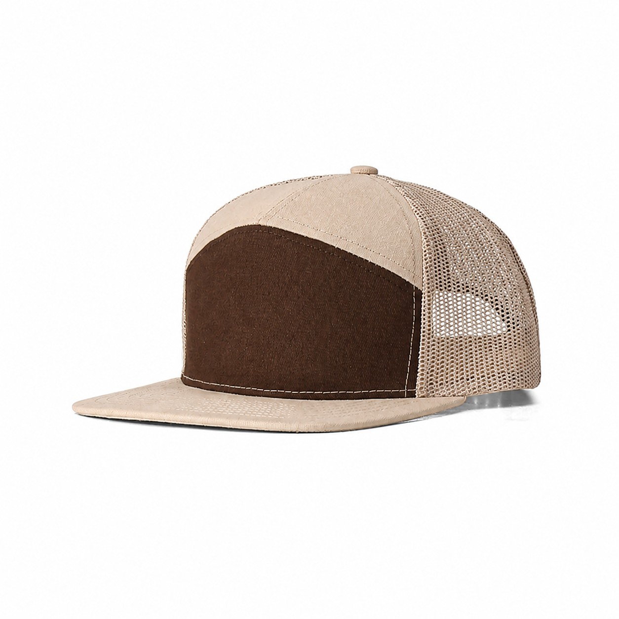 Cotton Seven Panel Trucker Cap — Coffee Brown/Khaki Beige
