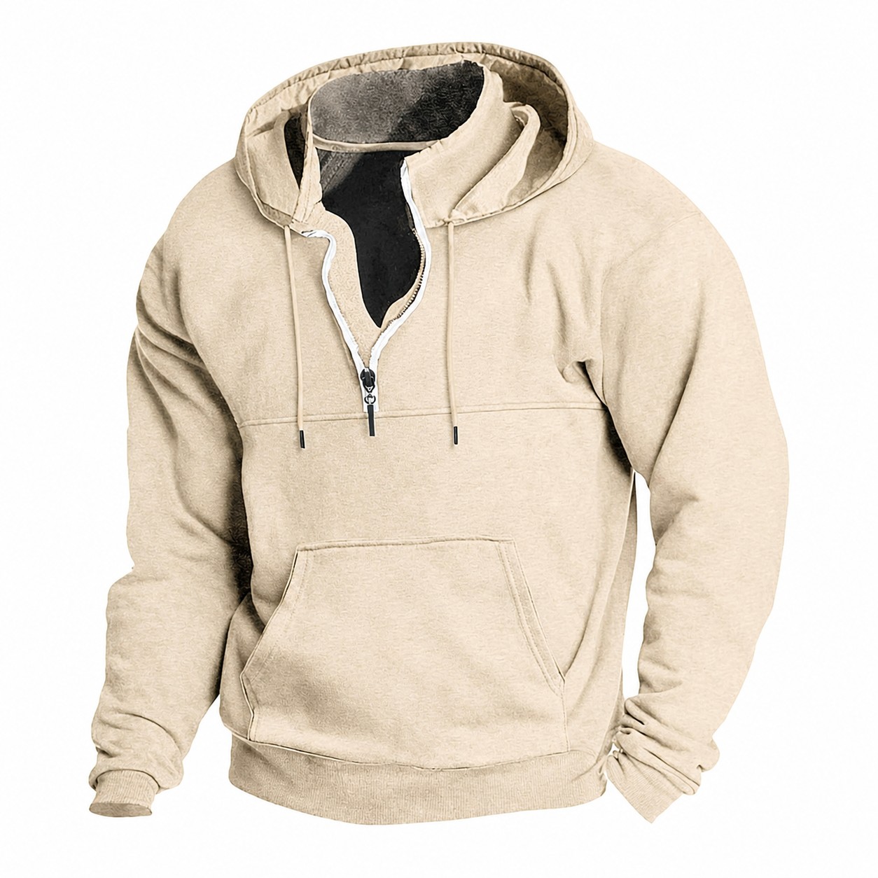 Slim Quarter Zip Hooded Sweatshirt — Natural Beige