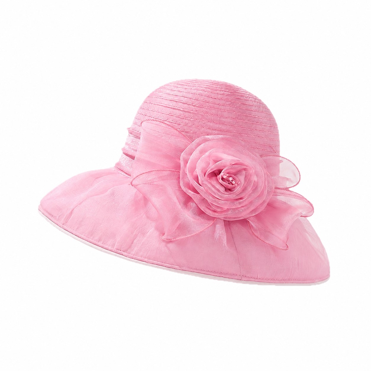 Organza Wide Brim Flower Hat — Pink