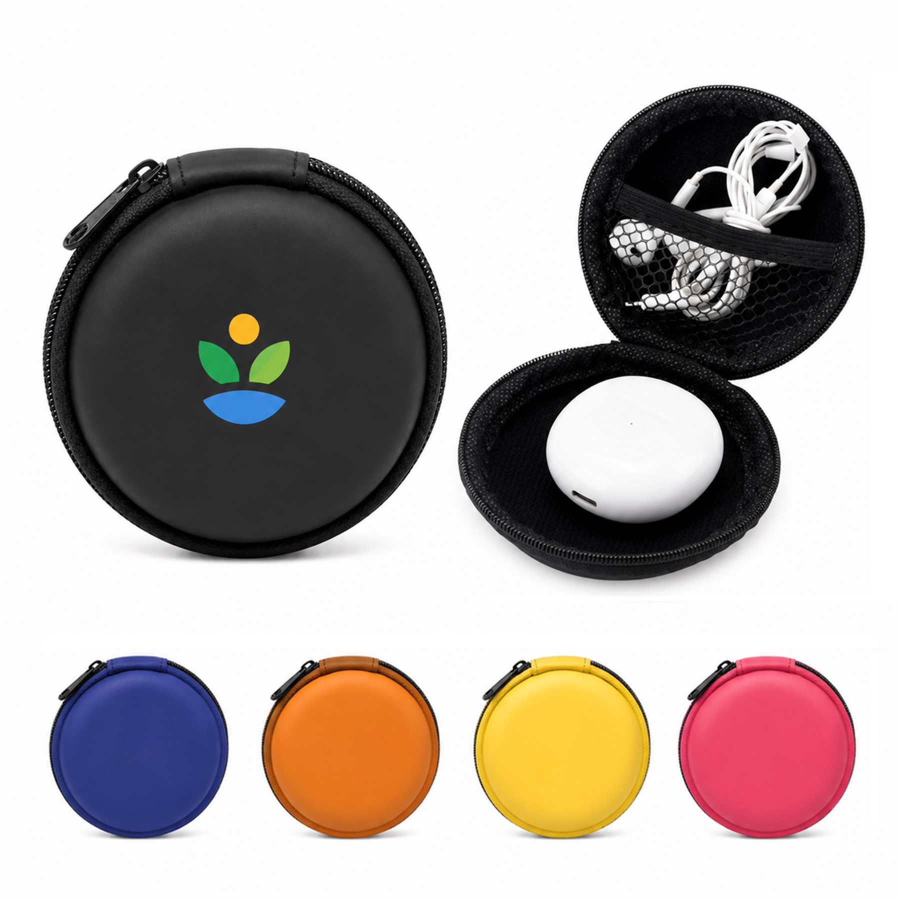 Zippered Round PU Earbud Organizer Case