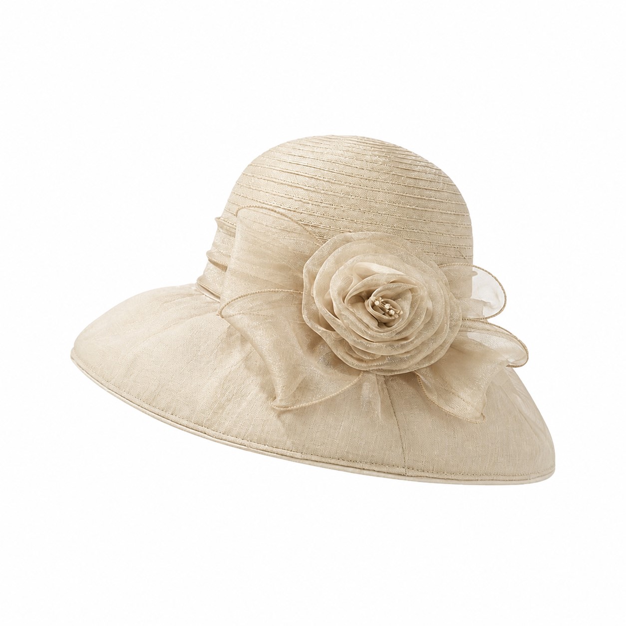 Organza Wide Brim Flower Hat — Beige