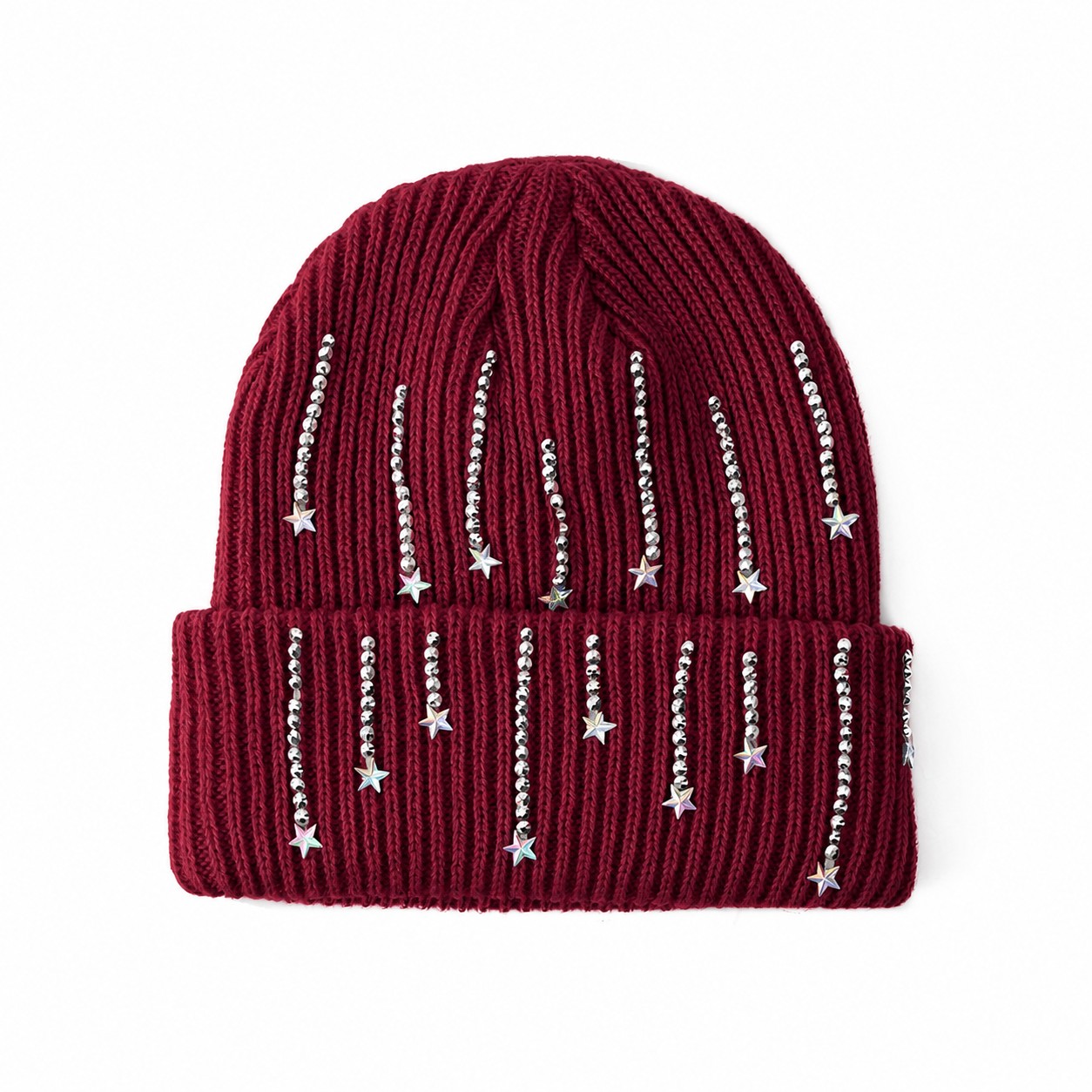 Polyester Star Accent Cuffed Beanie — Burgundy Red