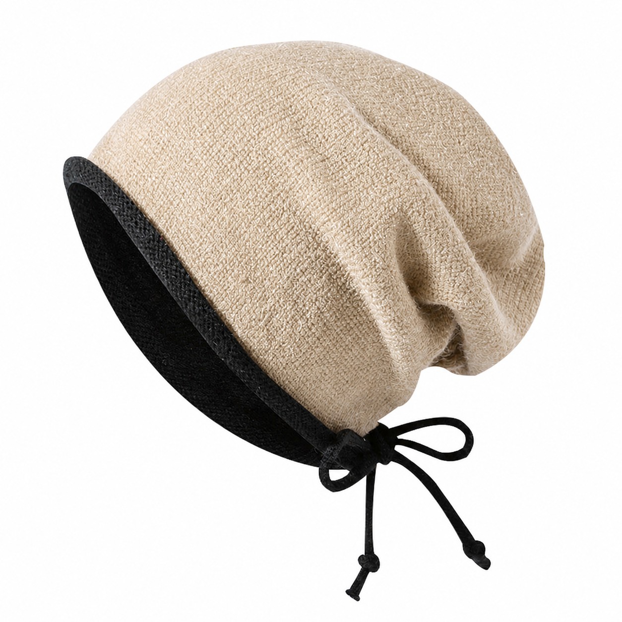 Drawstring Polyester Slouch Beanie — Beige