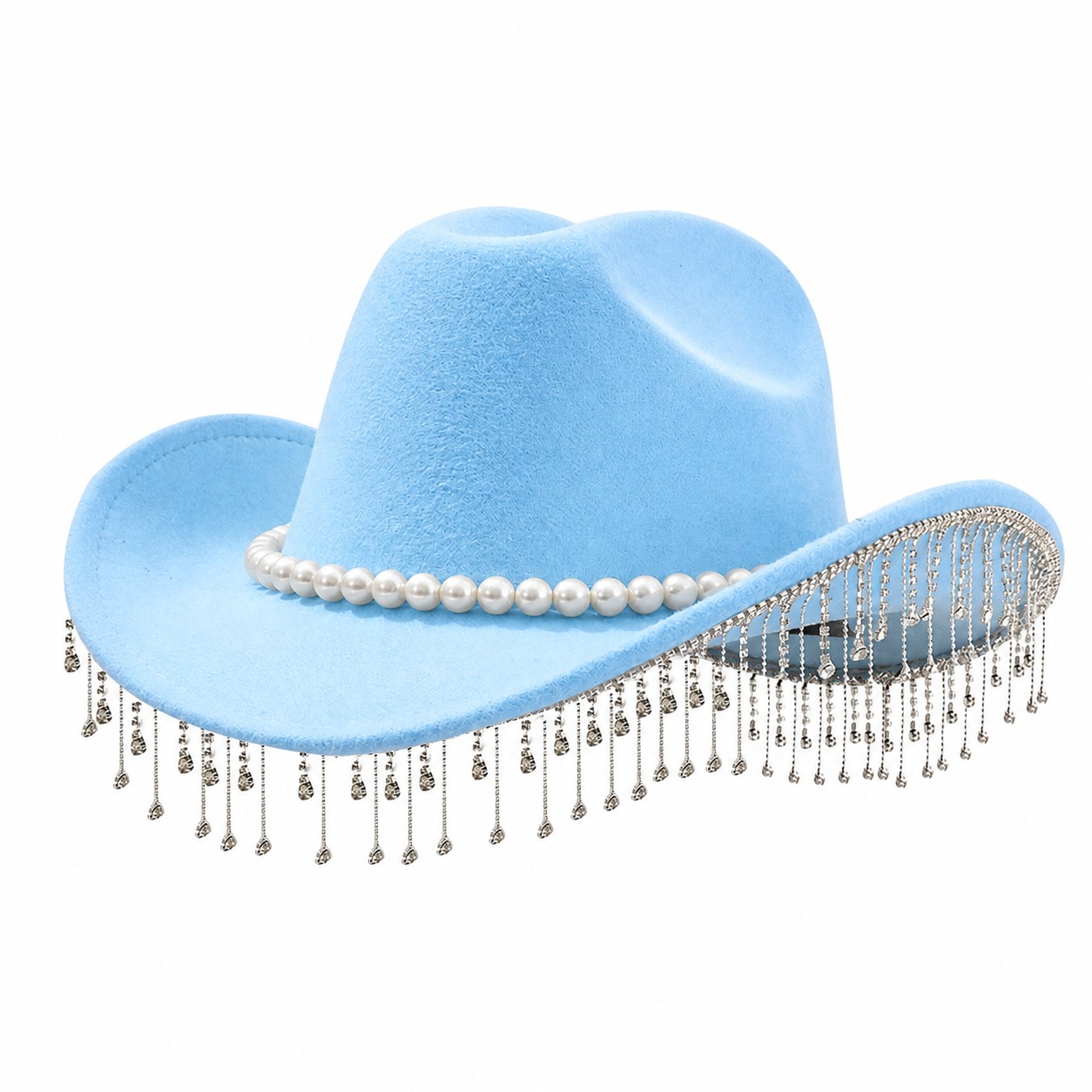 Pearl Fringe Polyester Fedora Hat — Sky Blue