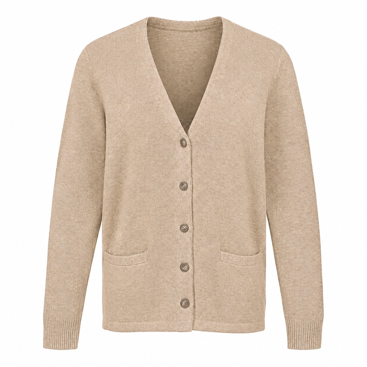 Ladies Acrylic Button Cardigan — Tan Beige