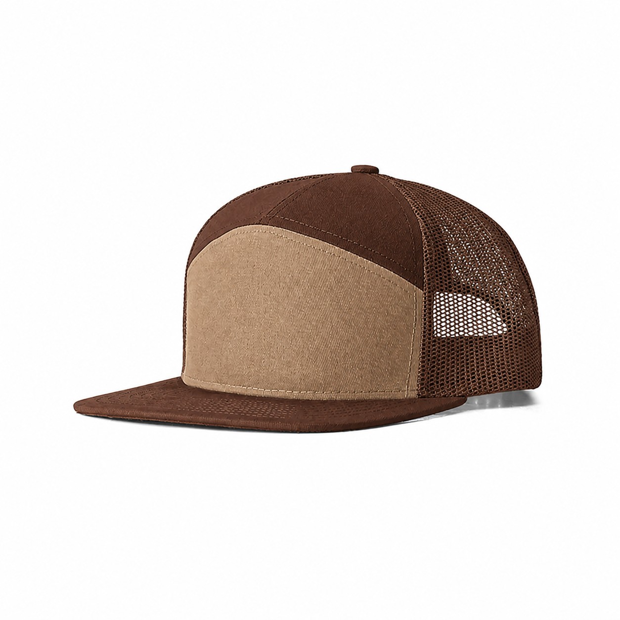 Cotton Seven Panel Trucker Cap — Khaki Beige/Coffee Brown