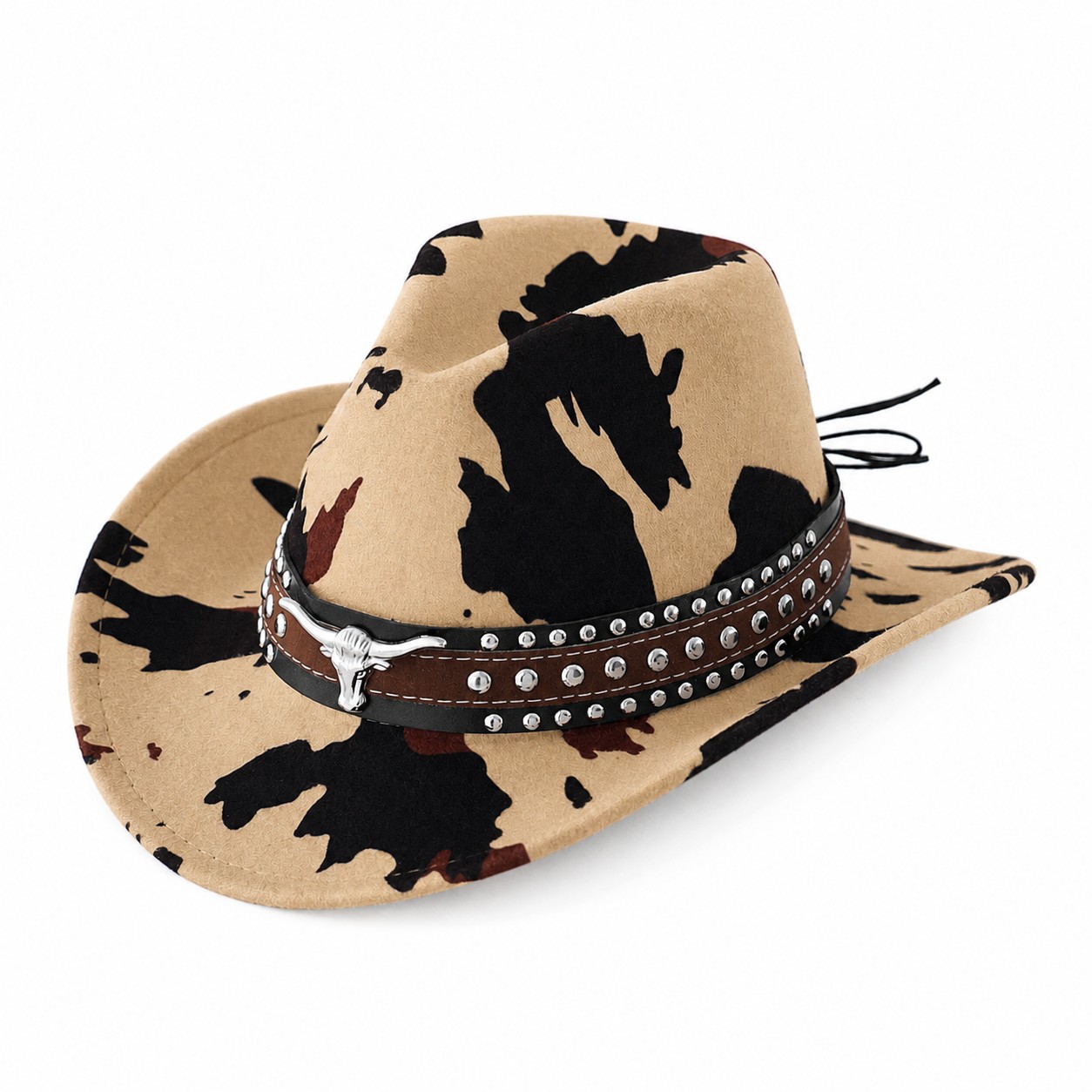 Cow Print Polyester Western Hat — Khaki Beige