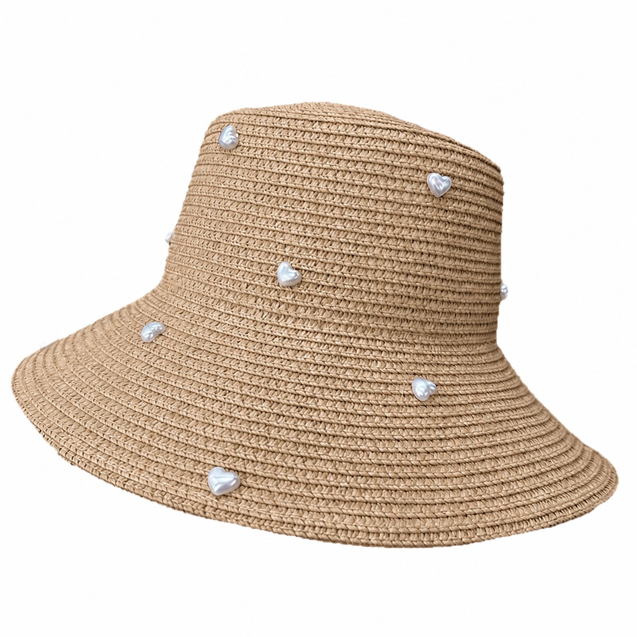 Pearl Straw Bucket Sun Hat — Beige