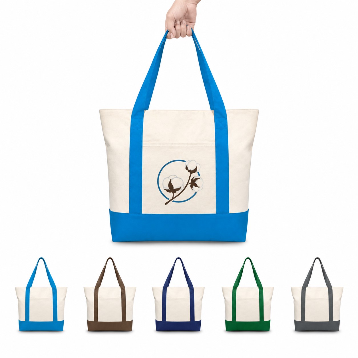 Two Tone Zippered Cotton Canvas Pocket Tote