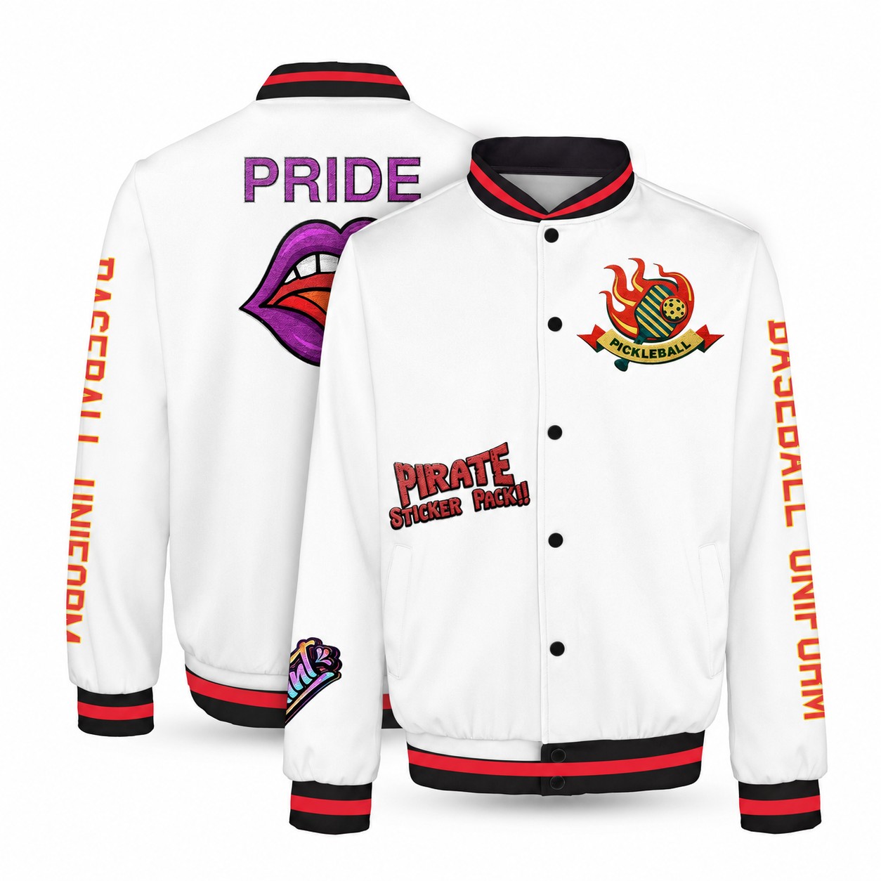 Button-Front Polyester-Spandex Varsity Jacket — White