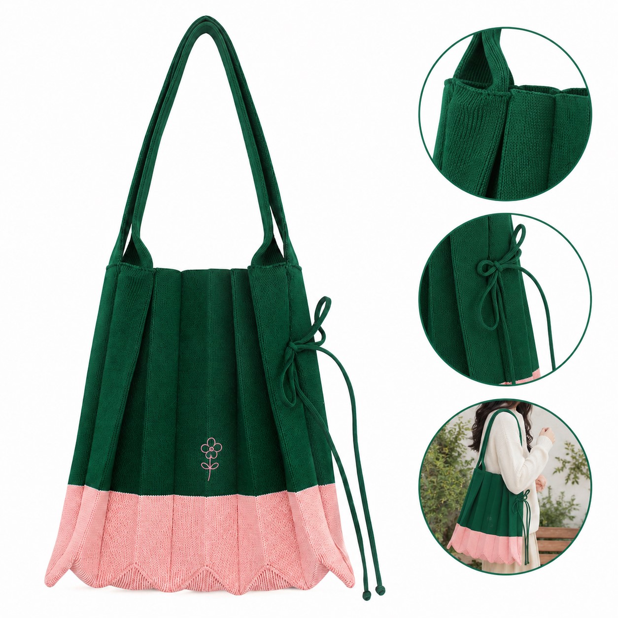Pleated Knit Polyester Shoulder Tote