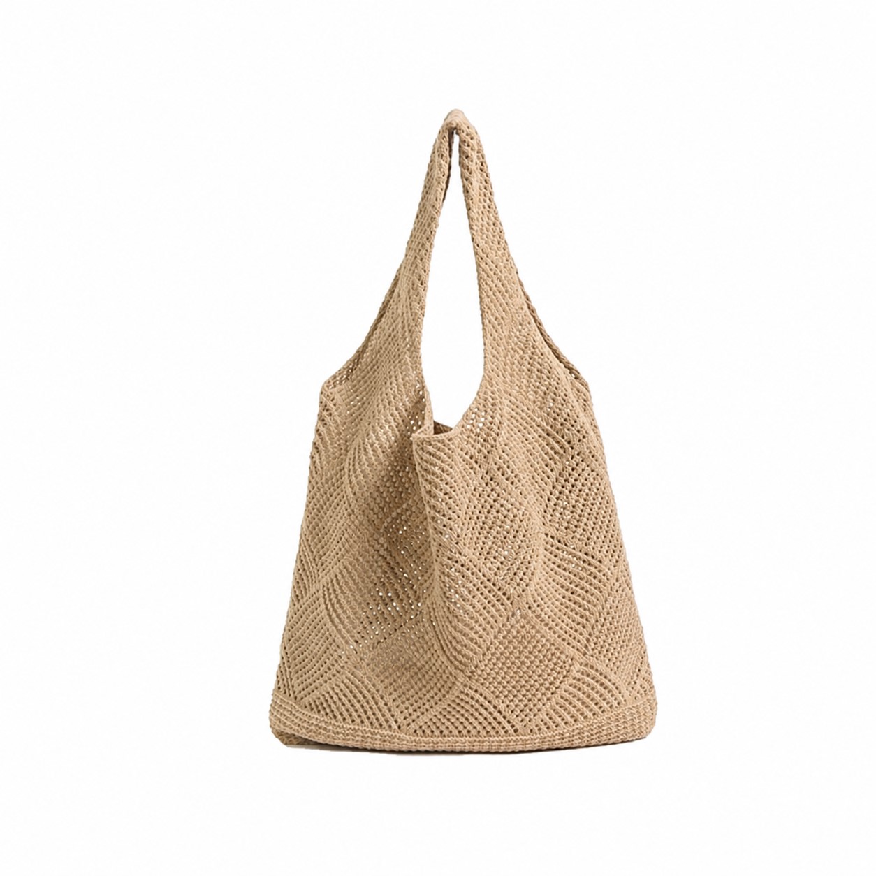 Hollow Knit Polyester Tote — Khaki Beige