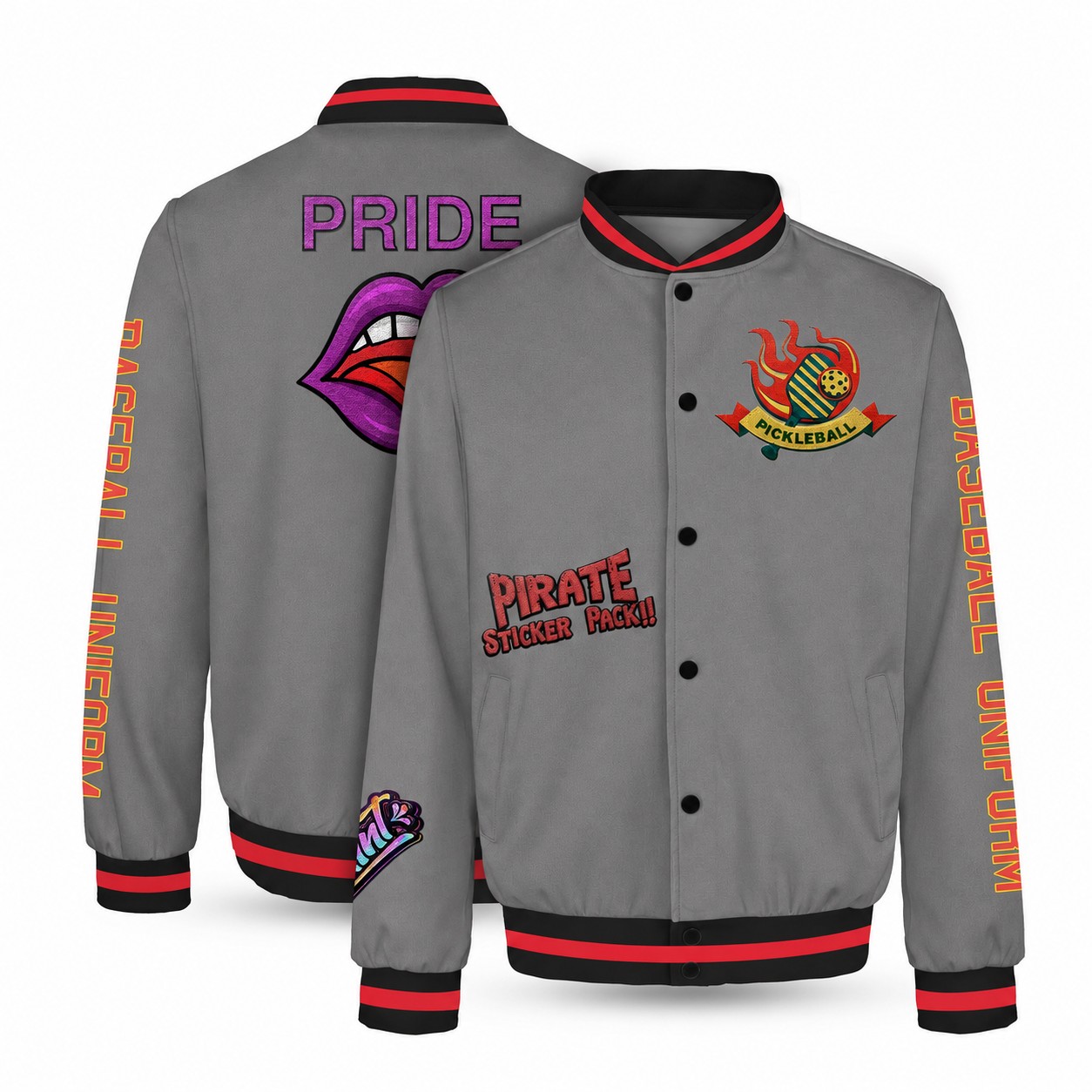 Button-Front Polyester-Spandex Varsity Jacket — Gray