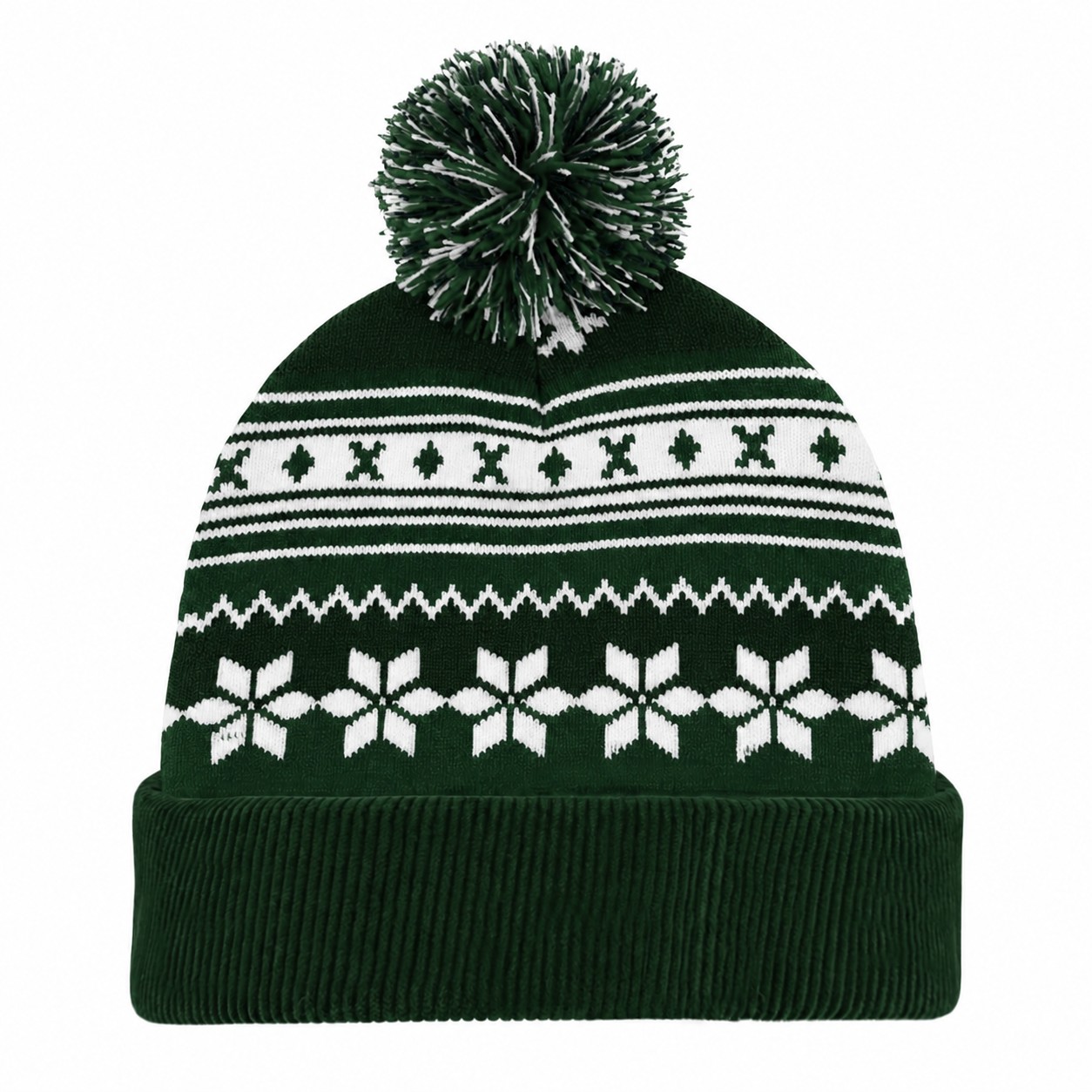 Jacquard Polyester Pom Beanie — Dark Green