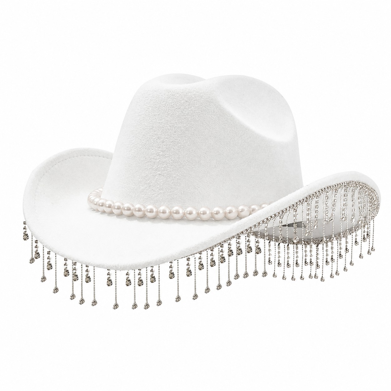 Pearl Fringe Polyester Fedora Hat — White