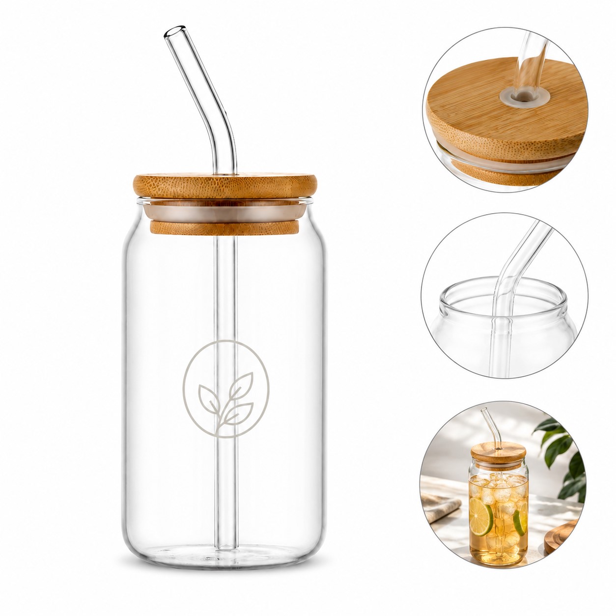 Glass Can With Bamboo Lid And Straw