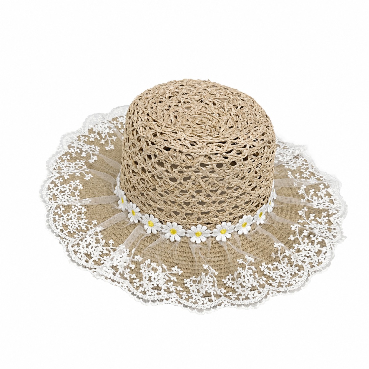 Straw Daisy Lace Wide Brim Sun Hat — view 3