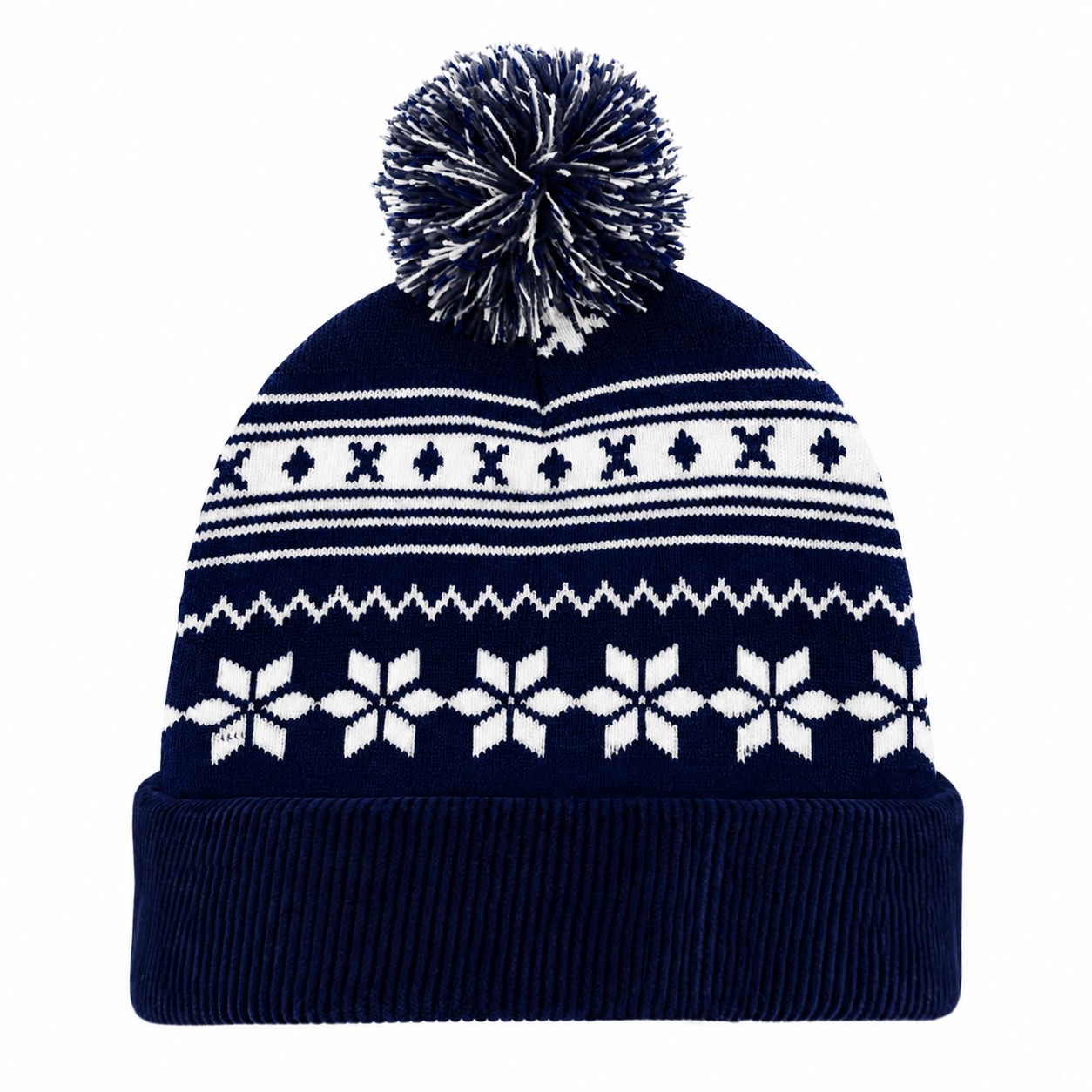 Jacquard Polyester Pom Beanie — Navy Blue