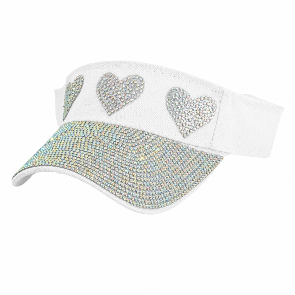 Rhinestone Heart Open Crown Visor Cap — White