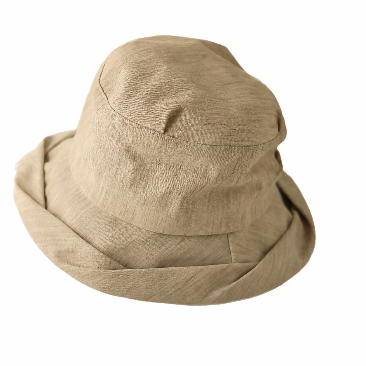 Fabric Pleated Basin Bucket Hat — Khaki Beige